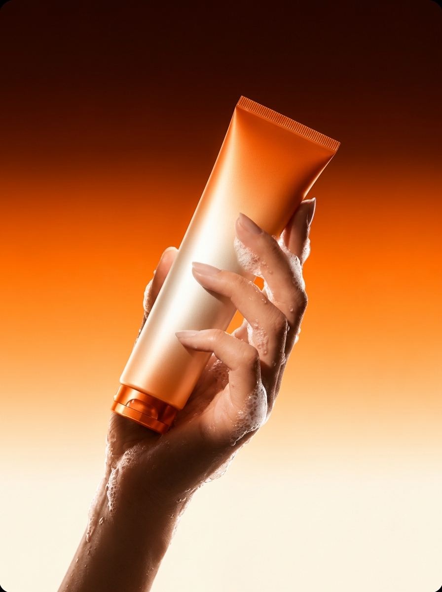 Orange cosmetic tube held in a hand