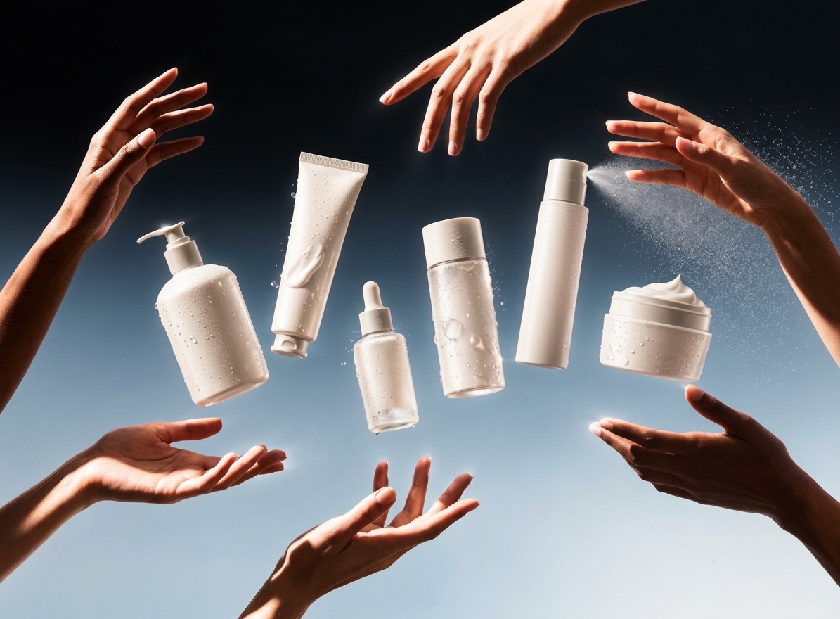 Cosmetic products surrounded by hands