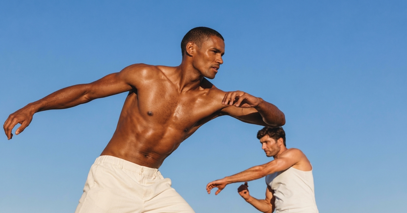 Two athletes running beneath blue sky